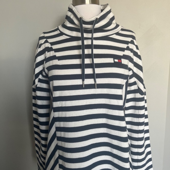 Tommy Hilfiger Sport Navy Striped Funnel Neck Fleece Nautical sweatshirt Hoodie - Picture 9 of 13
